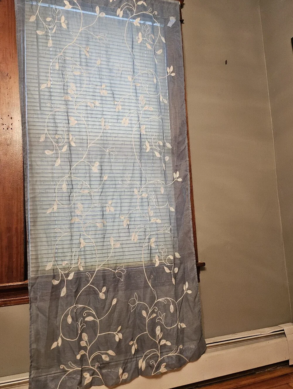 Light Blue Sheer Curtain Panel with Cream Vine Embroidery - Home Accents
